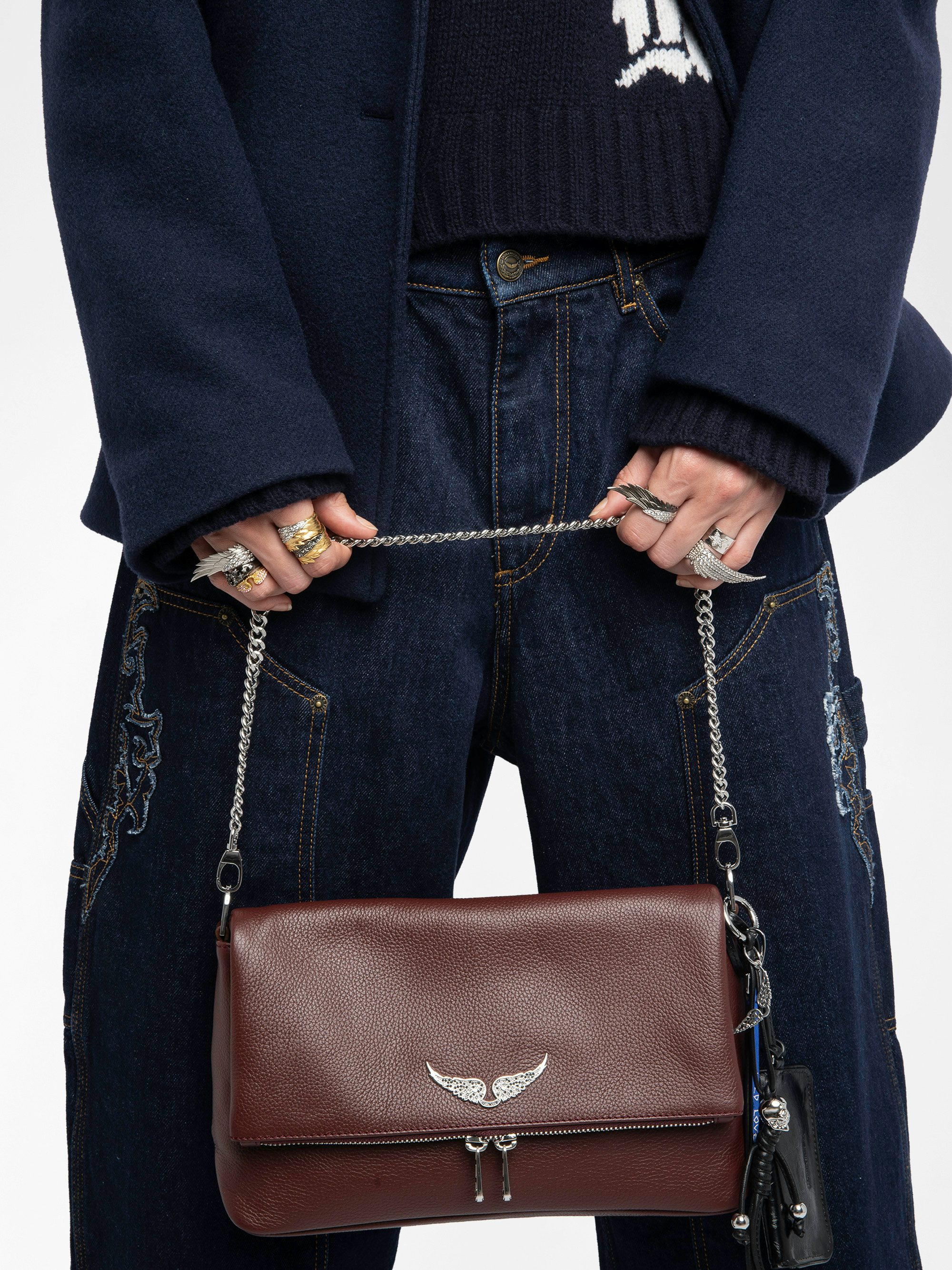 Rocky II Bag - Grained leather shoulder bag with chain and signature wings.